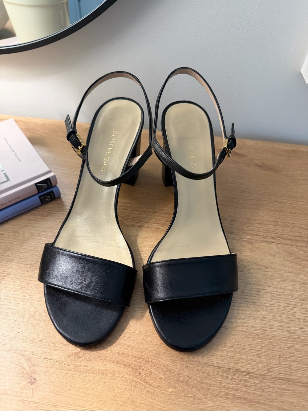 Stuart Weitzman Solo Black Leather Slingback block heel Sandals